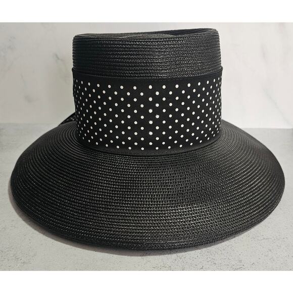 Lord & Taylor Women\'s Classic Black Straw Bucket Hat with Polka Dots Ribbon Bow